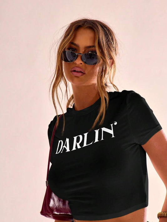 Darlin' Print Cap Sleeve Crop Top | Boho Club  Graphic Tee Airport Holiday Back To School Party Spring Summer Casual Women's Top