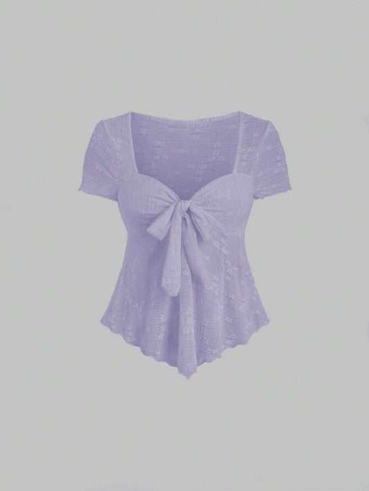 Firerie Women's Summer Solid Color Sweetheart Neck Front Tie Sheer Short Sleeve T-Shirt