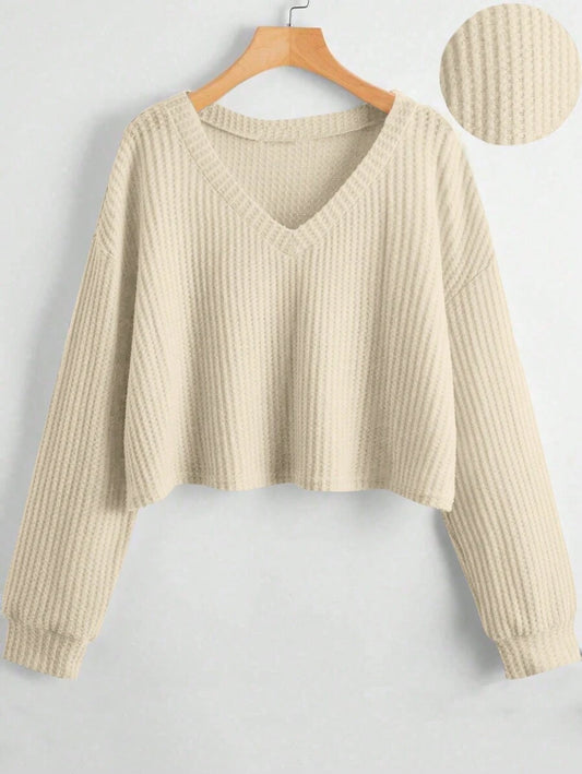 Flirla Women's Solid V-Neck Long Sleeve T-Shirt – Dropped Shoulder, Casual Loose Top for Autumn & Winter