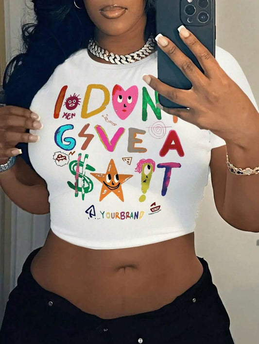 Cartoon Letter Print Cropped T-Shirt | Women's Casual Round Neck Short Sleeve Cute Graphic Summer Crop Top