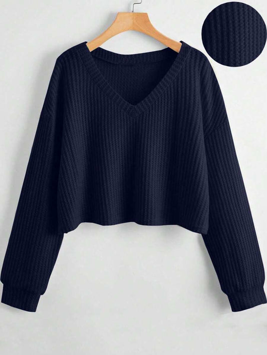 Flirla Women's Solid V-Neck Long Sleeve T-Shirt – Dropped Shoulder, Casual Loose Top for Autumn & Winter