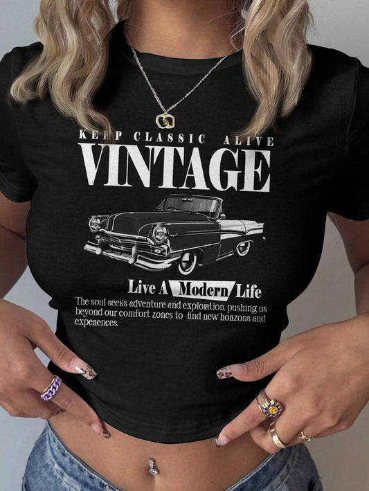 Minimalist Car Graphic Black Cropped T-Shirt | Women's Cotton Casual Fitted Round Neck Short Sleeve Summer Top