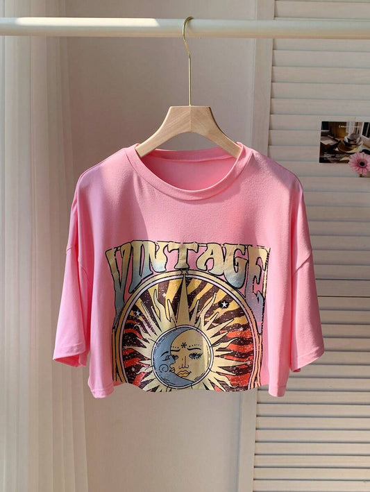 Sun & Letter Graphic Drop Shoulder Crop Tee | Women's Casual Round Neck Short Sleeve Boho Summer Daily Top