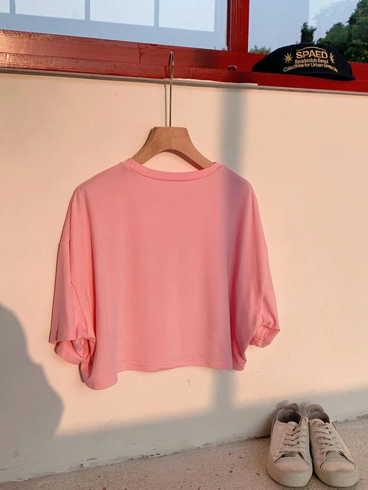 Sun & Letter Graphic Drop Shoulder Crop Tee | Women's Casual Round Neck Short Sleeve Boho Summer Daily Top