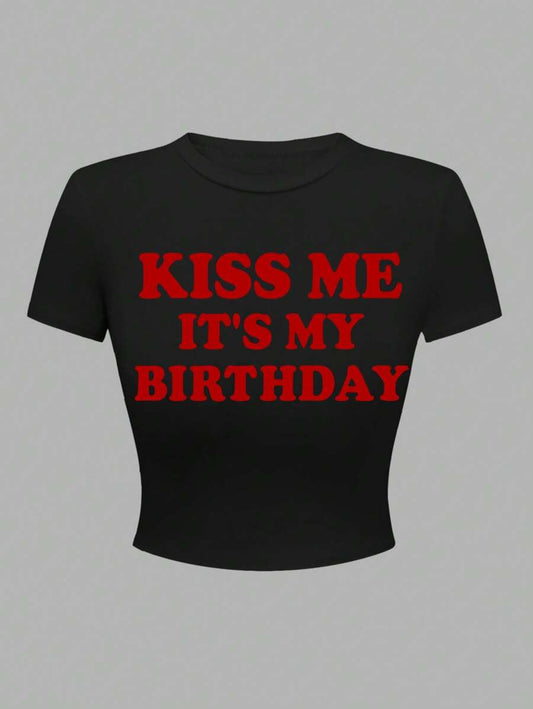 Birthday Letter Slogan Graphic Print Crop Top | White Cut-Off Round Neck Short Sleeve Casual Women's Graphic Tee Summer Top