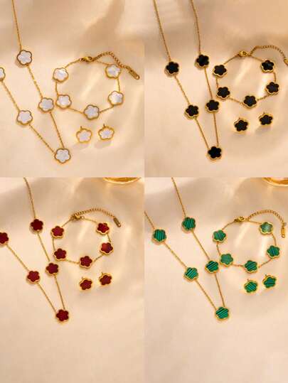 Stainless Steel 5 Petals Flower Jewelry Set: 1 Necklace + 1 Bracelet + 2 Earrings, Elegant & Fashion For Women