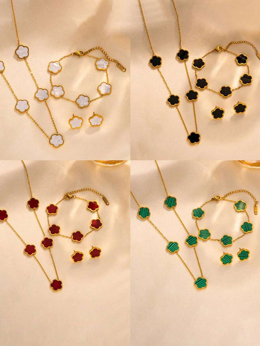 Stainless Steel 5 Petals Flower Jewelry Set: 1 Necklace + 1 Bracelet + 2 Earrings, Elegant & Fashion For Women