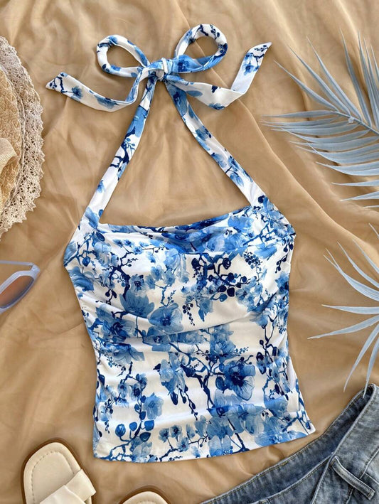 Firerie Vacation Style Women's Printed Side-Pleated Sleeveless Top – White Woven Neckline, Lightweight Summer Casual Top