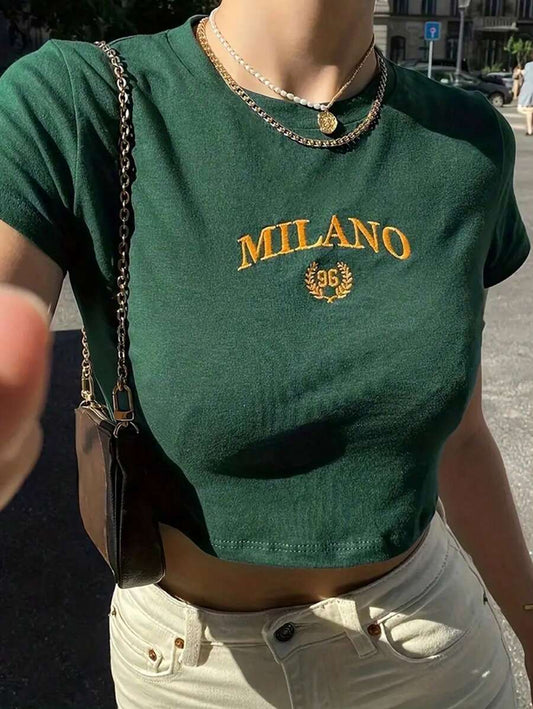 Letter Embroidery Cropped T-Shirt | Women's Casual Fitted Short Sleeve Round Neck Elegant Summer Crop Top