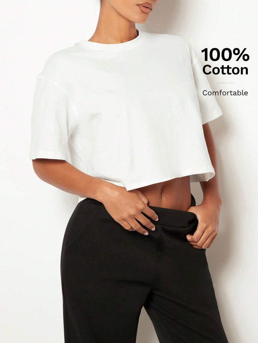 Solid White Drop Shoulder Cropped T-Shirt | Women's Casual Round Neck Short Sleeve Comfortable Loose Summer Essential Top
