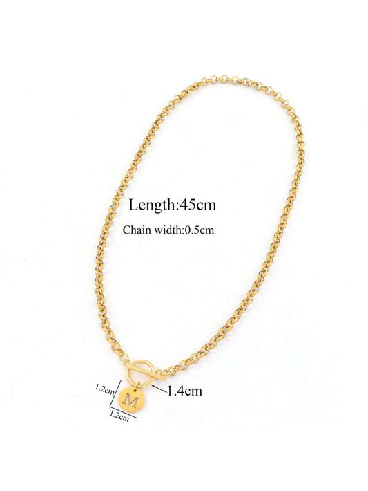 Simple Gold Round Hollow Initial Pendant Necklace – Stainless Steel Chain with Toggle Clasp