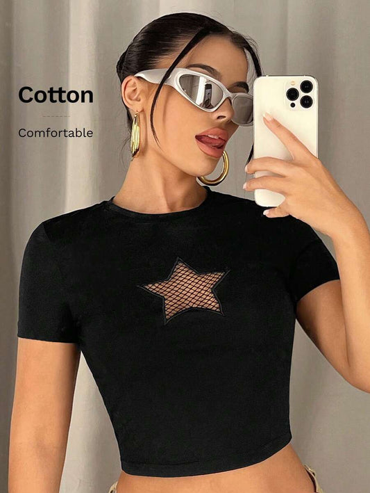 Star Pattern Contrast Fishnet Crop Tee | Women's Sexy Edgy Mesh Panel Short Sleeve Casual Summer Festival Top