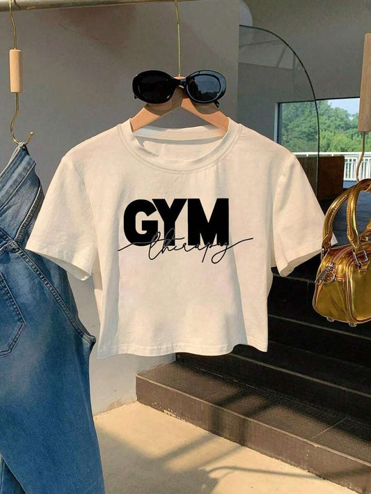 Letter Print Cropped T-Shirt | Women's Round Neck Short Sleeve Casual Daily Summer Statement Top