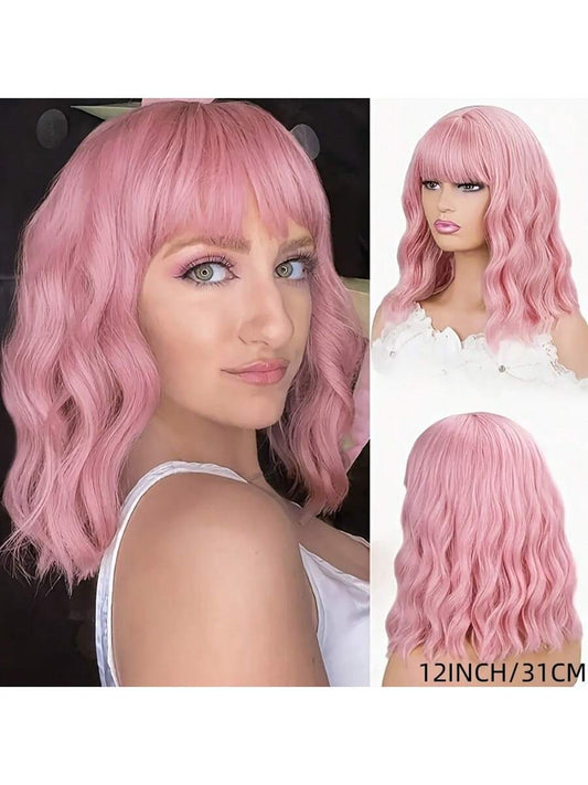 Pink & Blue Curly Wig for Women - With Bangs & Rose Net Cap