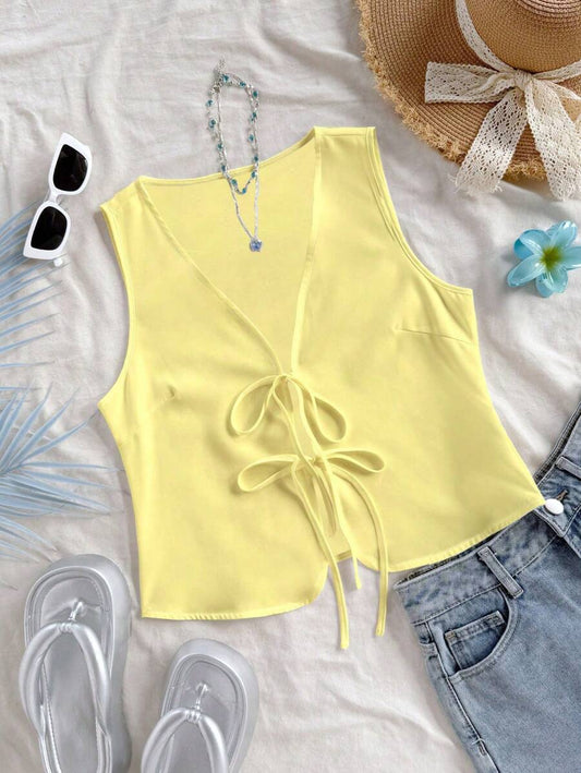 Firerie Women's Summer Casual Solid Color Tie Strap Tank Top Suitable