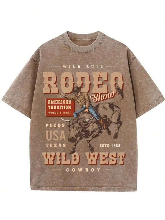 Cowboy Riding Competition Retro Letter Print Washed T-Shirt | Men's 230G Loose Casual Classic Western Vintage Cotton Summer Top