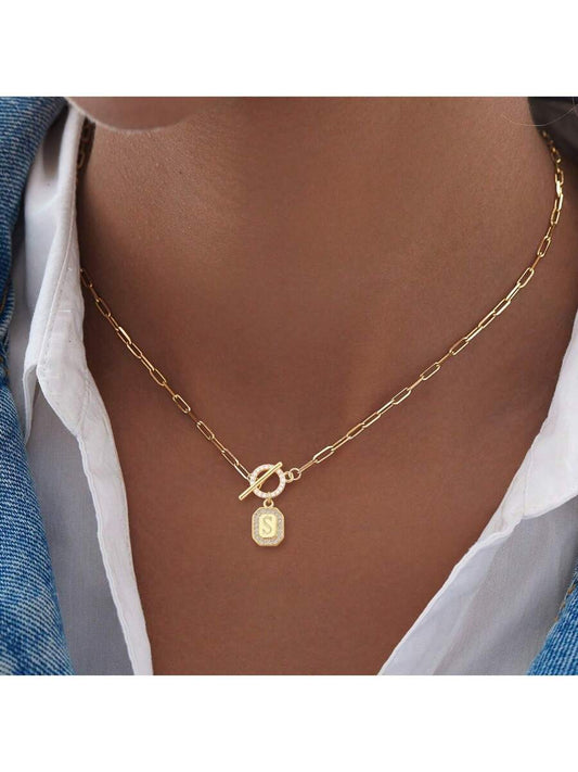 Classic Pave Zirconia Block Initial Pendant Necklace – Golden Stainless Steel Paper Clip Chain