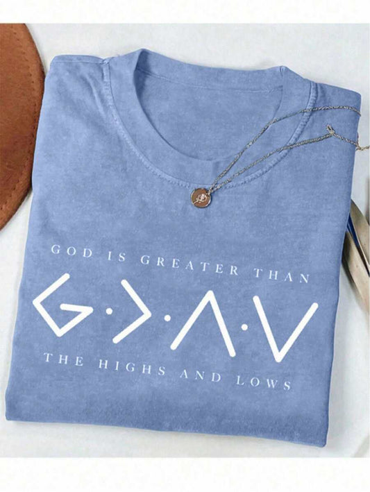 God Is Greater Than The Highs And Lows Washed T-Shirt | Women's Faith Slogan Round Neck Short Sleeve Casual Christian Summer Top