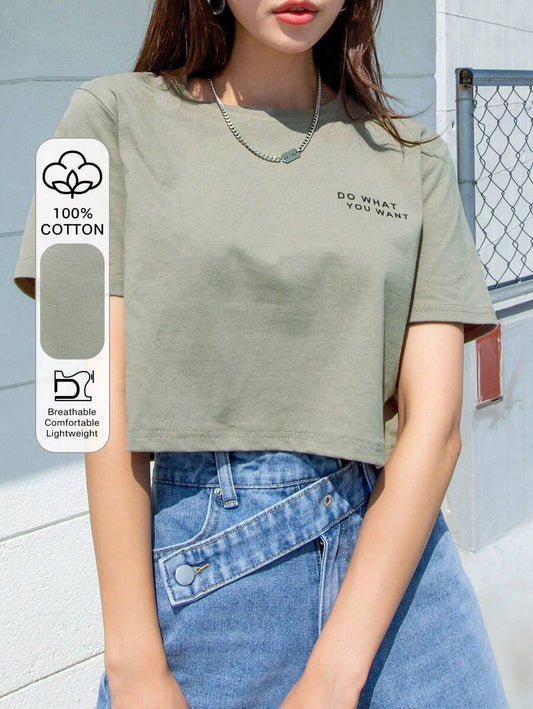 "Do What You Want" Slogan Graphic Crop Tee | Women's Round Neck Short Sleeve Casual Statement Summer Top