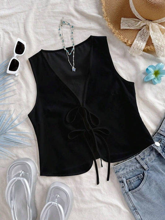Firerie Women's Summer Casual Solid Color Tie Strap Tank Top Suitable