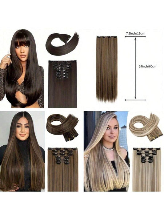 24-Inch  European And American Women's Six-Piece Set Of Long Straight Hair Pieces To Increase Hair Volume Natural Invisible Wig Extensions