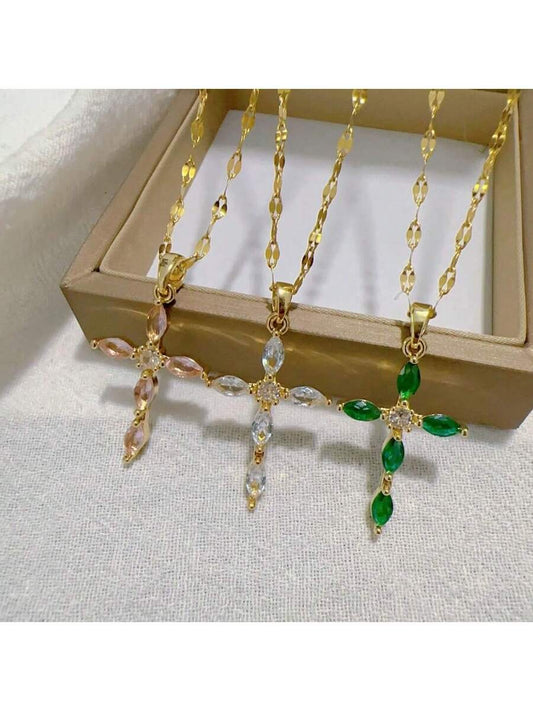 ✨ 3-Color Cubic Zirconia Cross Pendant Necklace – Gold & Copper Stainless Steel Chain Jewelry