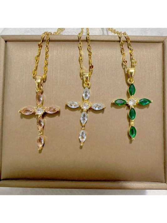✨ 3-Color Cubic Zirconia Cross Pendant Necklace – Gold & Copper Stainless Steel Chain Jewelry