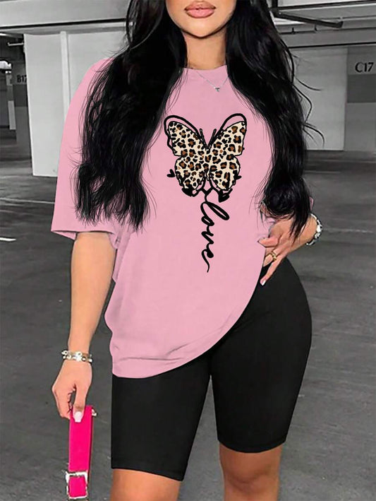 Leopard Print & Butterfly Graphic T-Shirt | Women's Casual Round Neck Short Sleeve Bold Summer Daily Top