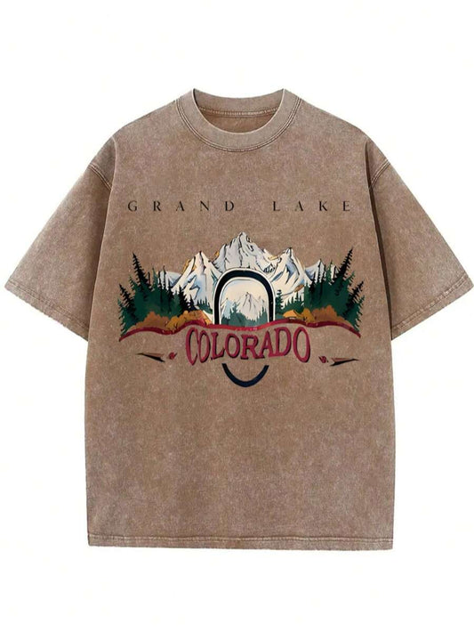 Grand Lake Series Vintage Slogan Washed T-Shirt | Men's Premium Cotton Casual Outdoor Street Appeal Round Neck Short Sleeve Summer Top