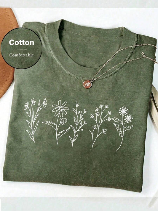 Floral Print Women's Loose Casual T-Shirt | Crew Neck Short Sleeve Soft Cotton Relaxed Everyday Summer Top