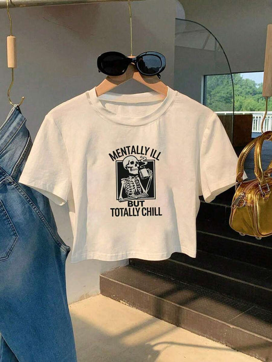 Skull & Letter Print T-Shirt | Women's Casual Round Neck Short Sleeve Bold Graphic Summer Daily Top