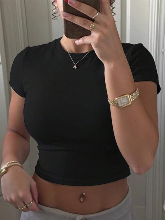 Solid Black Cropped T-Shirt | Women's Round Neck Short Sleeve Casual Comfortable Fall Summer Essential Basic Top