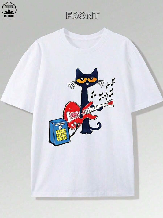 Music Guitar Kitten Print T-Shirt | Men's 220G Pure Cotton Vibrant Cartoon Round Neck Short Sleeve Casual Boutique Summer Top