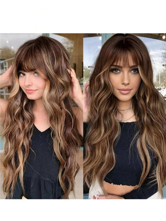 ✨ 28-Inch 3D Body Wave Synthetic Wig – Brown with Blonde Highlights & Bangs