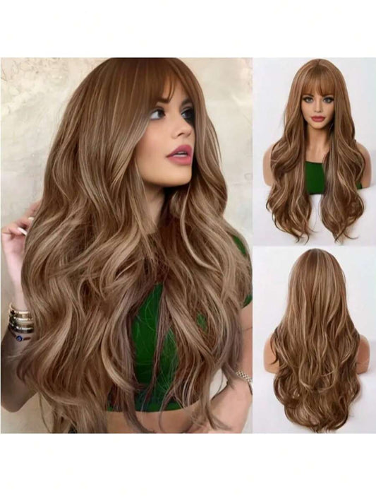 ✨ 28" Long Curly Wig with Bangs – Ombre Brown Synthetic Hair Wig