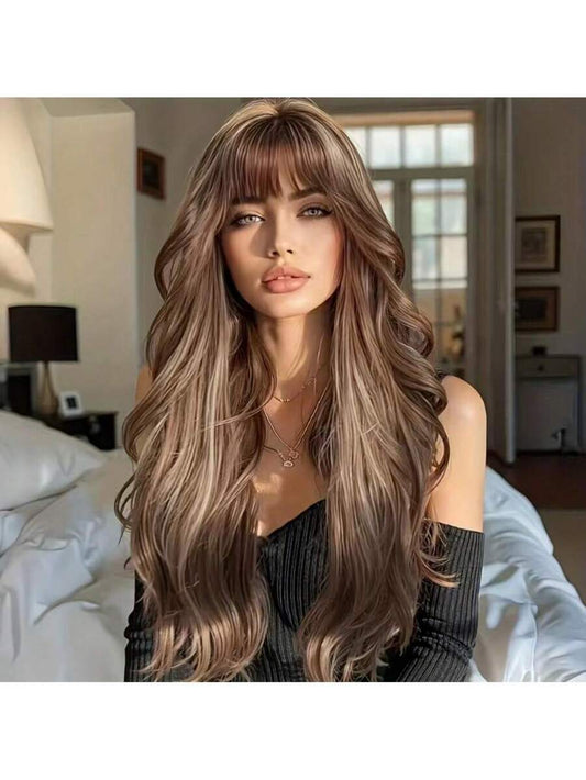 ✨ 28-Inch 3D Body Wave Synthetic Wig – Brown with Blonde Highlights & Bangs