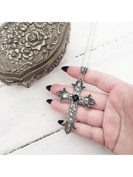 Vintage-Inspired Dark Silver Cross Necklace