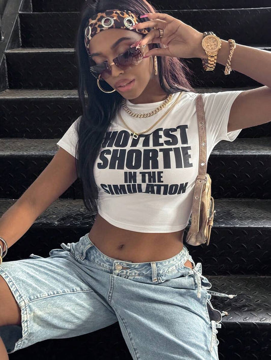 Hottest Shortie In The Simulation Letter Print Women's T-Shirt | Casual Short Sleeve Summer Cute Statement Crop Top