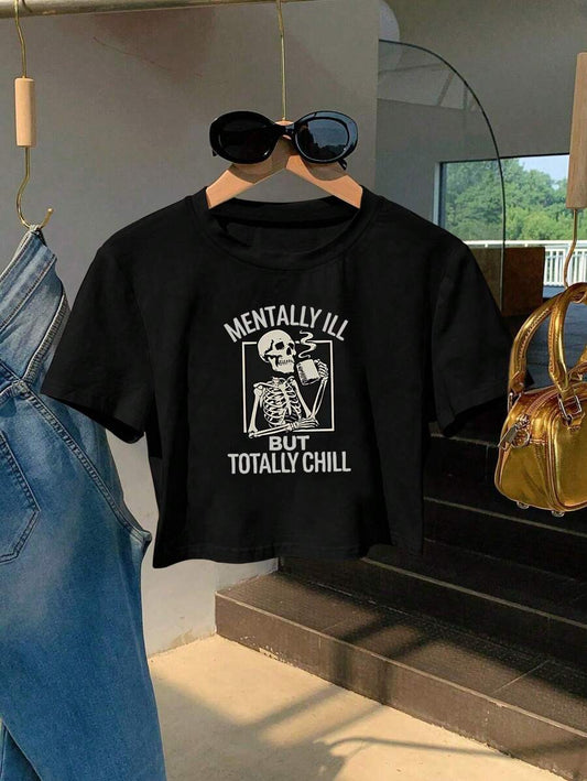 Skull & Letter Print T-Shirt | Women's Casual Round Neck Short Sleeve Bold Graphic Summer Daily Top
