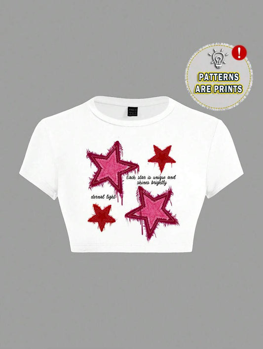 Five-Pointed Star Pattern Cropped T-Shirt | Minimalist Tight Fit Women's Round Neck Short Sleeve Casual Summer Going Out Top