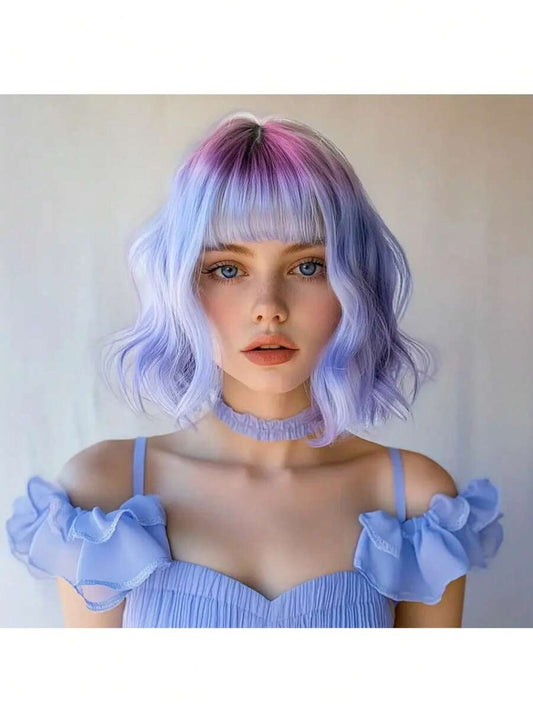 ✨ 14" Short Blue Curly Wig with Bangs – Matte Heat-Resistant Synthetic Hair