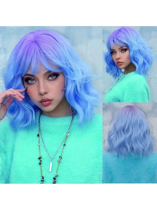 ✨ 14" Short Blue Curly Wig with Bangs – Matte Heat-Resistant Synthetic Hair