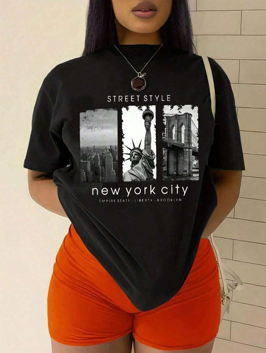 New York City Empire State Liberty Brooklyn Landscape Letter Print Oversized T-Shirt | Women's Street Style Graphic Short Sleeve Casual Summer Top