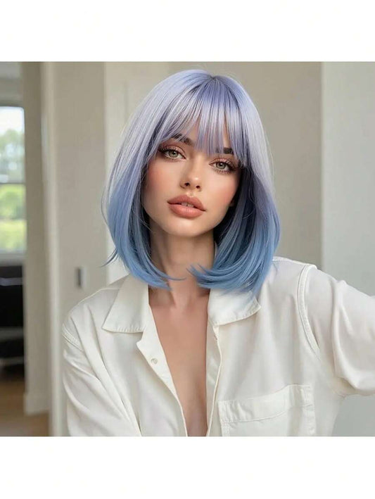 ✨ Short Gray Ombre Bob Wig with Bangs – Natural Looking Straight Synthetic Hair Wig