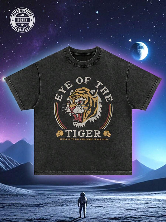 Eye Of The Tiger Graphic Washed T-Shirt | Distressed Retro Drop Shoulder 230 GSM Heavyweight Cotton Men's Street Tee