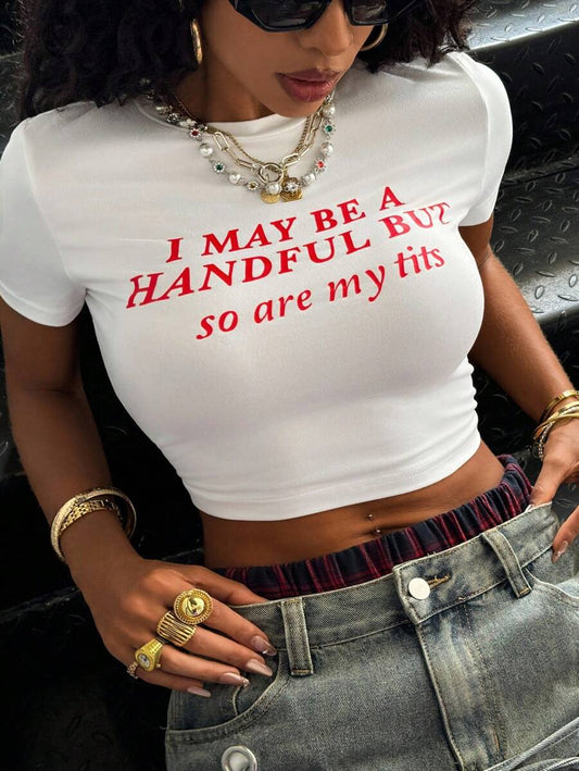 Slogan Print Round Neck Crop Top | Women's Casual Spring Summer Short Sleeve Cute Statement Tee