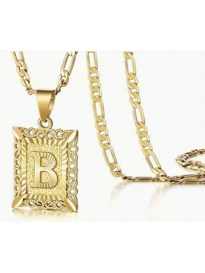 Golden Initial Pendant Necklace A–Z | Unisex Square Letter Necklace with Figaro Chain | Personalized Jewelry Gift