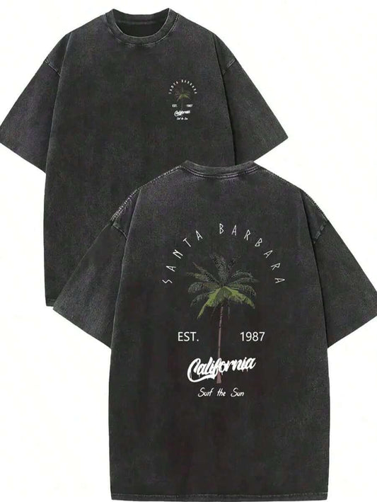Coconut Tree Retro Tie-Dye Back Design T-Shirt | Cotton Round Neck Short Sleeve Loose Casual Machine Washable Summer Tee