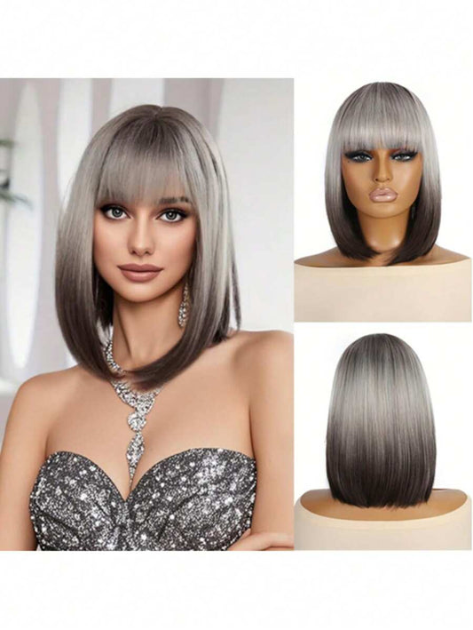 ✨ Short Gray Ombre Bob Wig with Bangs – Natural Looking Straight Synthetic Hair Wig