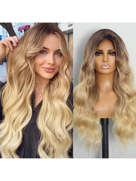 ✨ 22-Inch Long Body Wave Ombre Wig – Brown to Blonde Synthetic Heat-Resistant Hair
